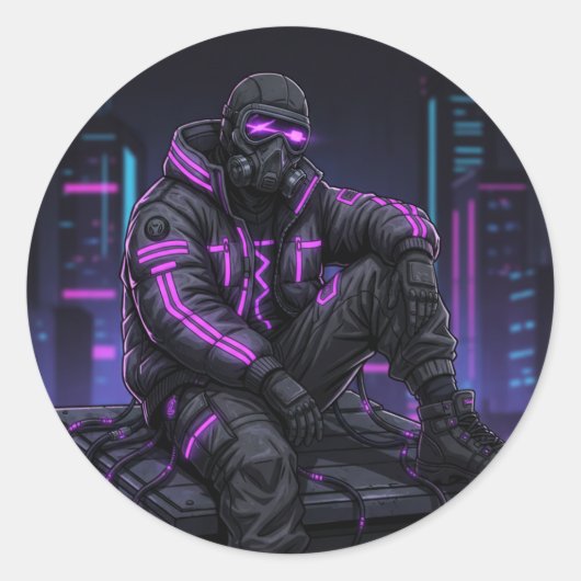 Cyber Street Guardian – Neon Underground Style Ronde Sticker (Voorkant)
