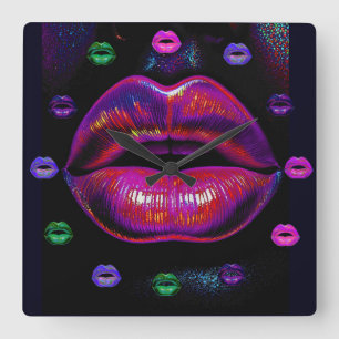 Cyber Venus Lips – Kleurrijk Lips Portret Vierkante Klok
