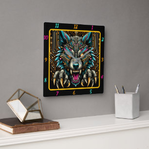 Cyber Wolf Elektrische Neon Kleur Kunst Vierkante Klok