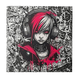 Cyber Y2K Emo Anime Meisje Hoofdtelefoon Keramisch Tegeltje