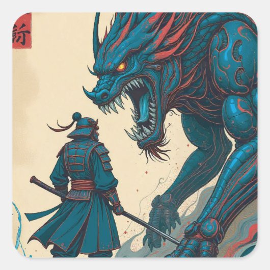 "Cyberduel – Samurai vs Circuit Glyph Beest" Vierkante Sticker (Voorkant)