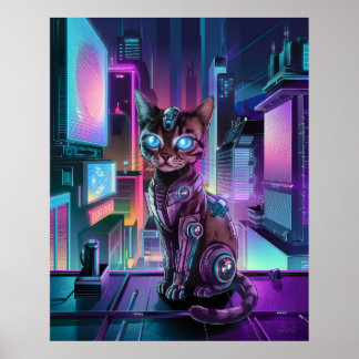 Cybernetic Cat – Futuristische Neon City AI-metgez Poster