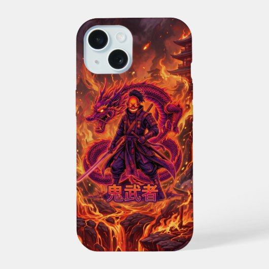 Cybernetische Vuur Samurai & Draak iPhone 15 Case (Achterkant)