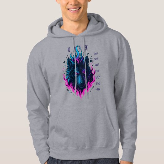 Cybernetische Wolf Inferno-Neon Flame Cyberpunk Hoodie (Voorkant)