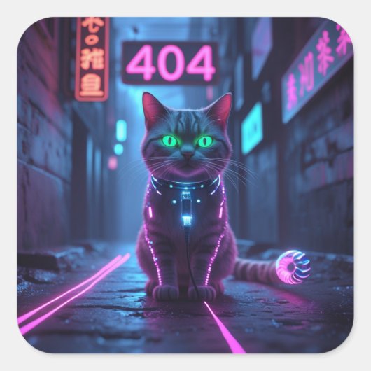 Cyberpunk 404 Error Neon Cat Sticker (Voorkant)