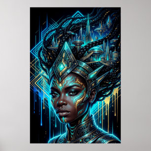 Cyberpunk Afrofuturisme Neon Stad Zwarte Koningin Poster