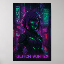 Cyberpunk Anime Girl in Neon Cityscape Poster