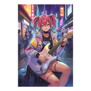 Cyberpunk Anime Gitarist Meisje Kunst Foto Afdruk