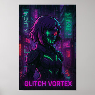 Cyberpunk Anime Meisje in Neon Stadslandschap Poster