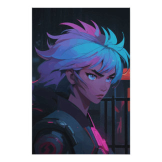 Cyberpunk Anime Meisje met Neon Haar – Futuristisc Perfect Poster