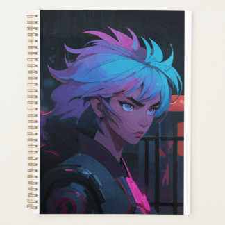 Cyberpunk Anime Meisje met Neon Haar – Futuristisc Planner