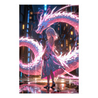 Cyberpunk Anime Meisje Neon Draak Fantasy Kunst