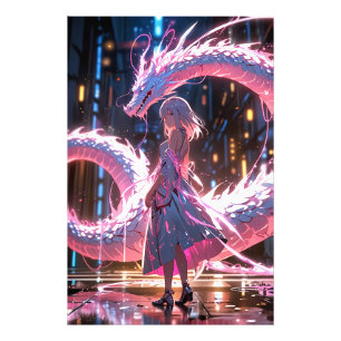 Cyberpunk Anime Meisje Neon Draak Fantasy Kunst Foto Afdruk