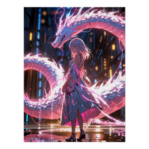 Cyberpunk Anime Meisje Neon Draak Fantasy Kunst Perfect Poster