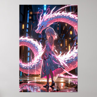 Cyberpunk Anime Meisje Neon Draak Fantasy Kunst Poster