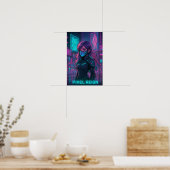 Cyberpunk Anime Meisje – Pixel Stad Poster (Keuken)
