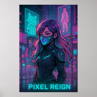 Cyberpunk Anime Meisje – Pixel Stad Poster