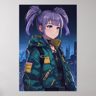 Cyberpunk Anime Meisje Vlechten Camouflage Jas Kun Poster