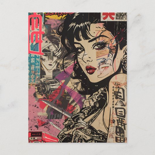 Cyberpunk Anime Portret Postkaart (Voorkant)