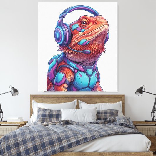 Cyberpunk Bearded Dragon - Gamer Lizard with Heads Canvas Afdruk (Insitu (Slaapkamer))