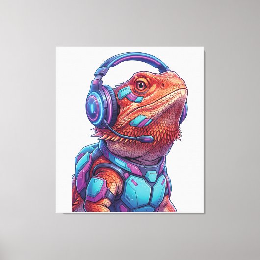 Cyberpunk Bearded Dragon - Gamer Lizard with Heads Canvas Afdruk (Voorkant)