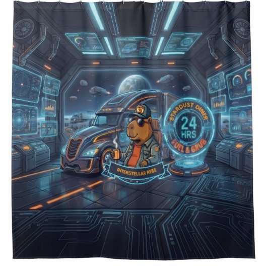 Cyberpunk Capybara Ruimtevrachtwagen Aangepaste Na Douchegordijn (Voorkant)