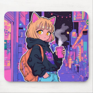 Cyberpunk Cat Girl Mousepad – Neon Aesthetic Muismat