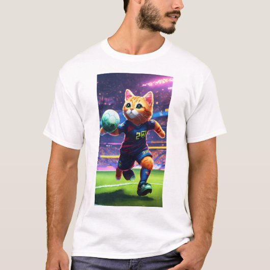 Cyberpunk Cat Voetballer Scoren Een Goal | Cijfer T-shirt (Voorkant)