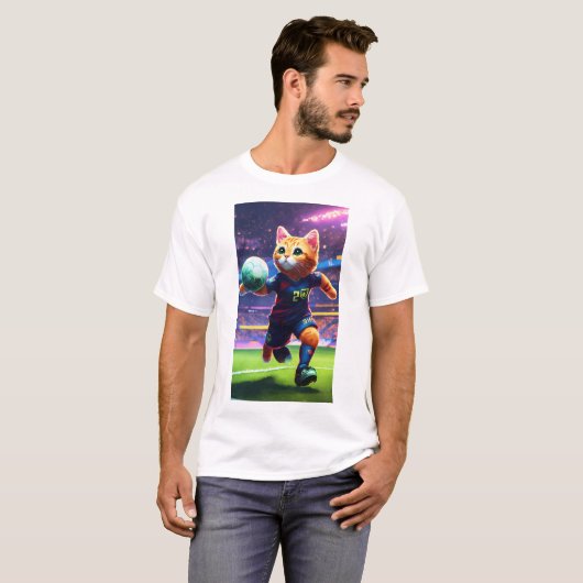 Cyberpunk Cat Voetballer Scoren Een Goal | Cijfer T-shirt (Voorkant volledig)