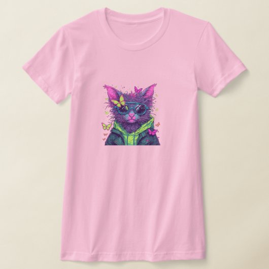 Cyberpunk Cat with Sunglasses and Neon Butterflies T-shirt (Laagn)