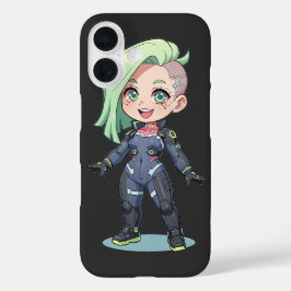 Cyberpunk Chibi Girl Green Hair iPhone 16 Hoesje