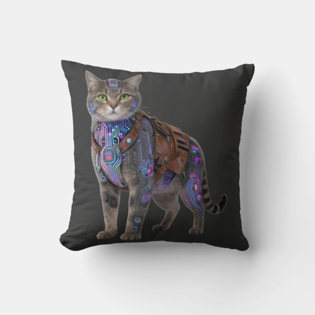 Cyberpunk Circuit Cat – Neon Tech Beast Kussen (Voorkant)