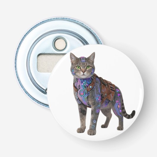 Cyberpunk Circuit Kat – Neon Tech Beest Button Flesopener (Voorkant)