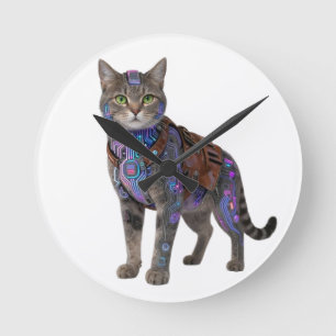 Cyberpunk Circuit Kat - Neon Tech Beest Ronde Klok