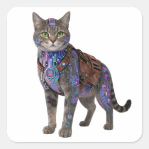 Cyberpunk Circuit Kat - Neon Tech Beest Vierkante Sticker