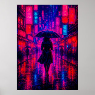 Cyberpunk City Night met neonlichten en paraplu Poster