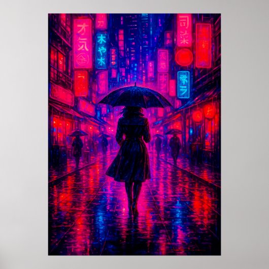 Cyberpunk City Night met neonlichten en paraplu Poster (Voorkant)
