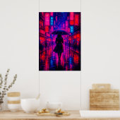 Cyberpunk City Night met neonlichten en paraplu Poster (Keuken)