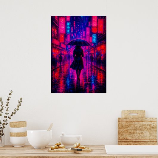 Cyberpunk City Night met neonlichten en paraplu Poster (Keuken)
