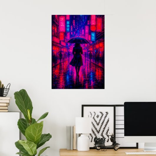 Cyberpunk City Night met neonlichten en paraplu Poster (Thuiskantoor)