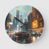 Cyberpunk City wolkenkrabber auto's Ronde Klok (Voorkant)