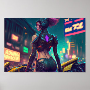 cyberpunk cityscape neon licht motorrijder poster