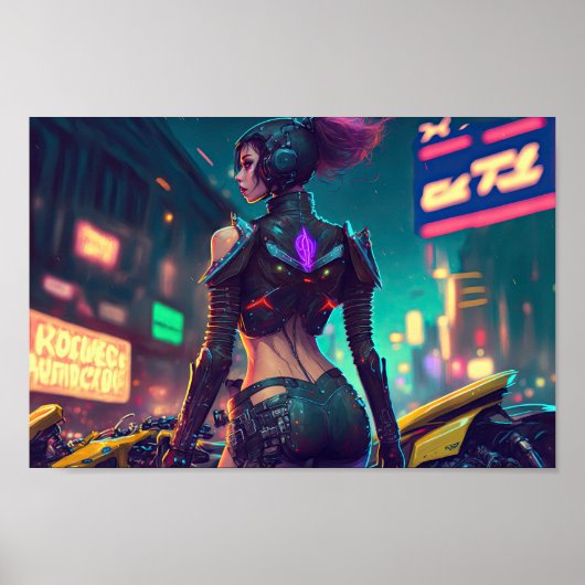 cyberpunk cityscape neon licht motorrijder poster (Voorkant)