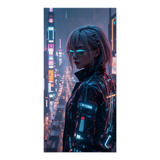 Cyberpunk Cityscape Poster Futuristisch Vrouw Hack (Voorkant)