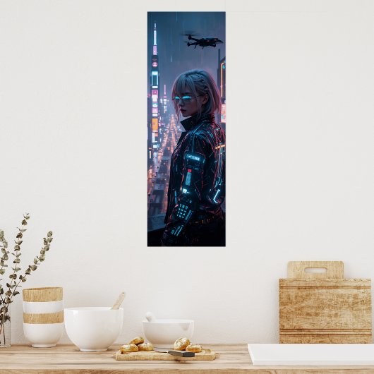 Cyberpunk Cityscape Poster Futuristisch Vrouw Hack (Keuken)