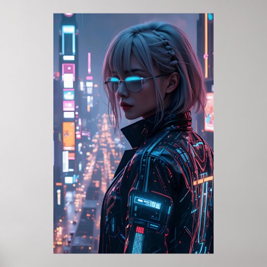 Cyberpunk Cityscape Poster Futuristisch Vrouw Hack (Voorkant)