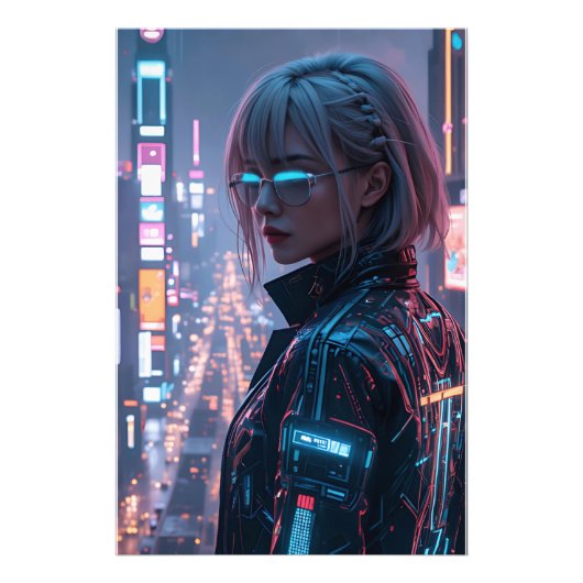 Cyberpunk Cityscape Poster Futuristisch Vrouw Hack (Voorkant)