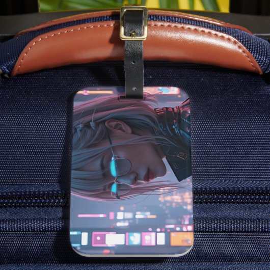 Cyberpunk Cityscape Poster Futuristisch Vrouw Hack Bagagelabel (Voorkant Insitu 2)