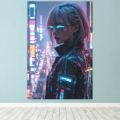 Cyberpunk Cityscape Poster Futuristisch Vrouw Hack Canvas Afdruk (Insitu (Houten vloer))
