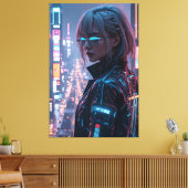 Cyberpunk Cityscape Poster Futuristisch Vrouw Hack Canvas Afdruk (Insitu (Woonkamer))